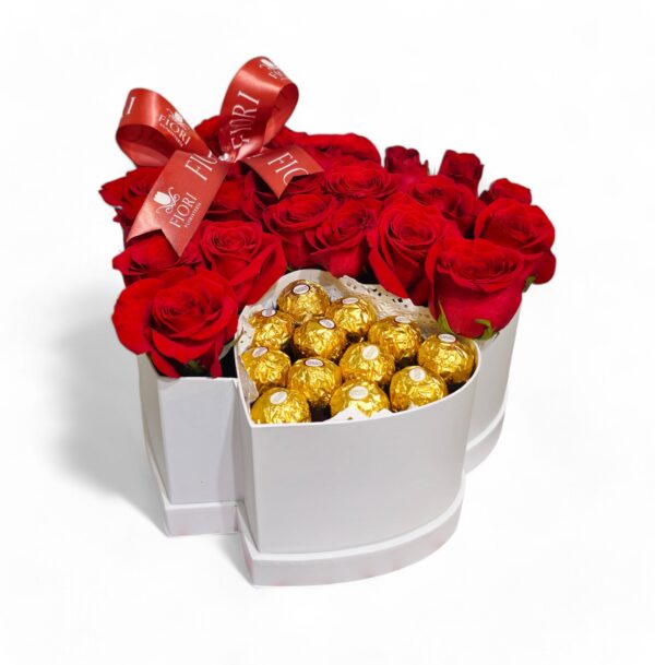 S-6 Caja Corazón, 20 Rosas, Chocolates Ferrero y Moño. - Image 2