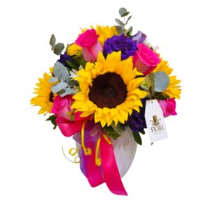 C-3 Alegre Arreglo Girasoles, Rosas  Premium, Lisianthus, Margaritas en Cerámica Esmaltada.