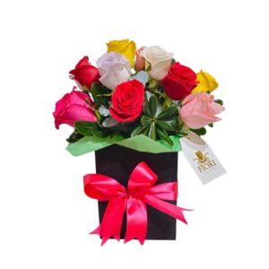 C-18 Diseño Rosas Premium, Follajes en Caja & Moño.